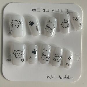 White Press-On Nails with Cute Doodle Dog Art Size Large